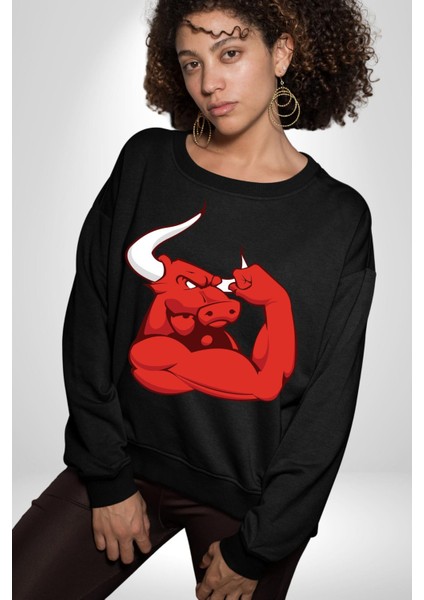 Kırmızı Boğa Maskotu Erkek Kadın Unisex Dijital Baskılı Siyah Sweatshirt