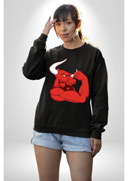 Kırmızı Boğa Maskotu Erkek Kadın Unisex Dijital Baskılı Siyah Sweatshirt