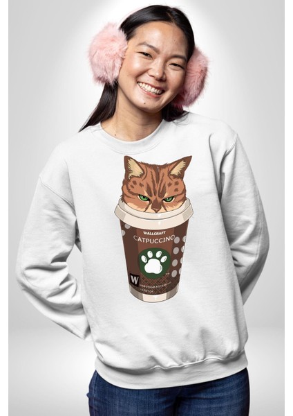 Catpuccino Kedi Karikatür Eğlenceli Tasarım Erkek Kadın Unisex Dijital Baskılı Beyaz Sweatshirt