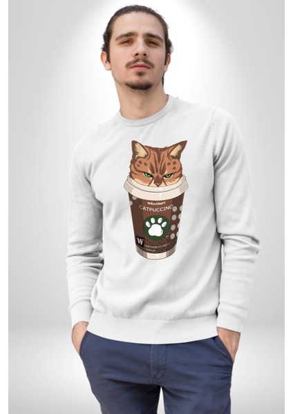 Catpuccino Kedi Karikatür Eğlenceli Tasarım Erkek Kadın Unisex Dijital Baskılı Beyaz Sweatshirt
