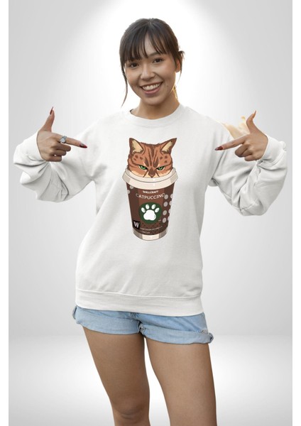 Catpuccino Kedi Karikatür Eğlenceli Tasarım Erkek Kadın Unisex Dijital Baskılı Beyaz Sweatshirt
