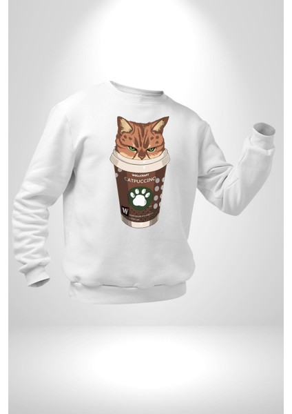Catpuccino Kedi Karikatür Eğlenceli Tasarım Erkek Kadın Unisex Dijital Baskılı Beyaz Sweatshirt