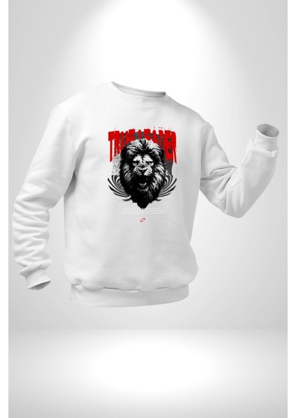 Gerçek Lider Tehlikeli Aslan Kafası Erkek Kadın Unisex Dijital Baskılı Beyaz Sweatshirt