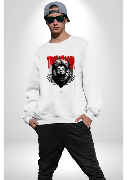 Gerçek Lider Tehlikeli Aslan Kafası Erkek Kadın Unisex Dijital Baskılı Beyaz Sweatshirt
