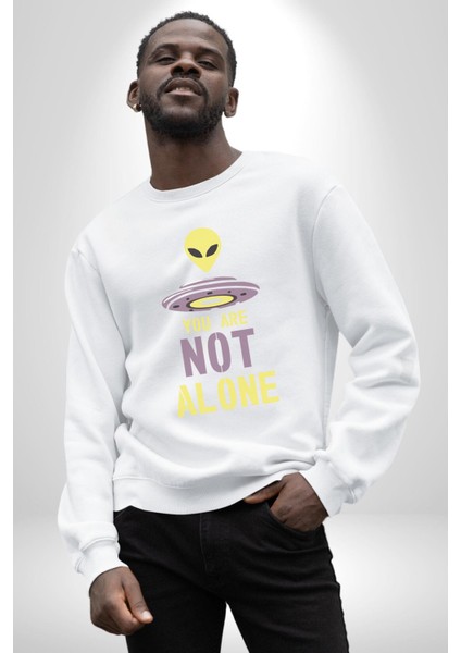 Uzaylı Yalnız Değiliz Ufo Erkek Kadın Unisex Dijital Baskılı Beyaz Sweatshirt