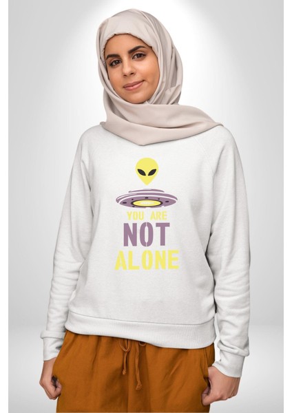 Uzaylı Yalnız Değiliz Ufo Erkek Kadın Unisex Dijital Baskılı Beyaz Sweatshirt