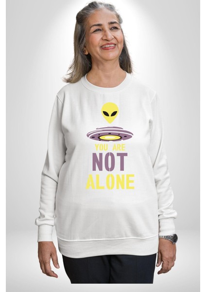 Uzaylı Yalnız Değiliz Ufo Erkek Kadın Unisex Dijital Baskılı Beyaz Sweatshirt