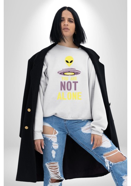 Uzaylı Yalnız Değiliz Ufo Erkek Kadın Unisex Dijital Baskılı Beyaz Sweatshirt