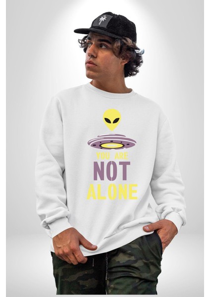 Uzaylı Yalnız Değiliz Ufo Erkek Kadın Unisex Dijital Baskılı Beyaz Sweatshirt