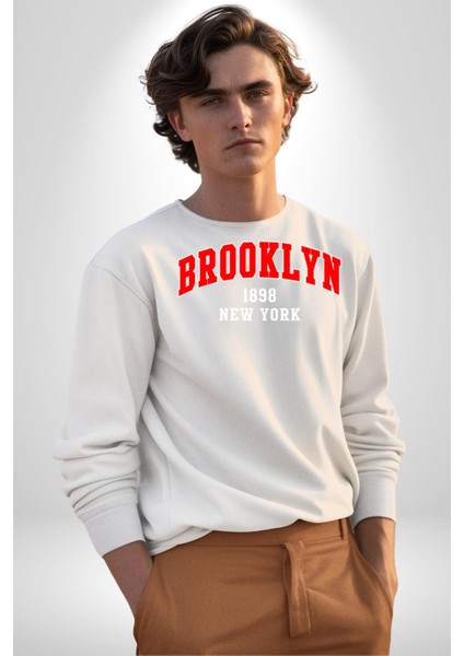 Brooklyn Kırmızı Erkek Kadın Unisex Dijital Baskılı Beyaz Sweatshirt