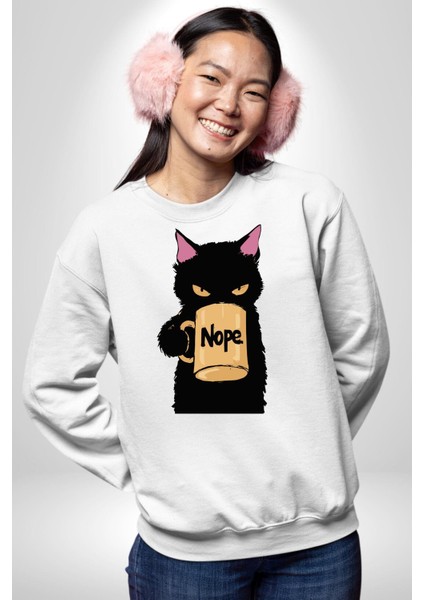 Nope Kedi Mizahi Kahve Tasarımı Erkek Kadın Unisex Dijital Baskılı Beyaz Sweatshirt