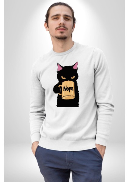 Nope Kedi Mizahi Kahve Tasarımı Erkek Kadın Unisex Dijital Baskılı Beyaz Sweatshirt fiyatları