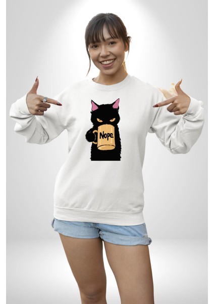 Nope Kedi Mizahi Kahve Tasarımı Erkek Kadın Unisex Dijital Baskılı Beyaz Sweatshirt modelleri