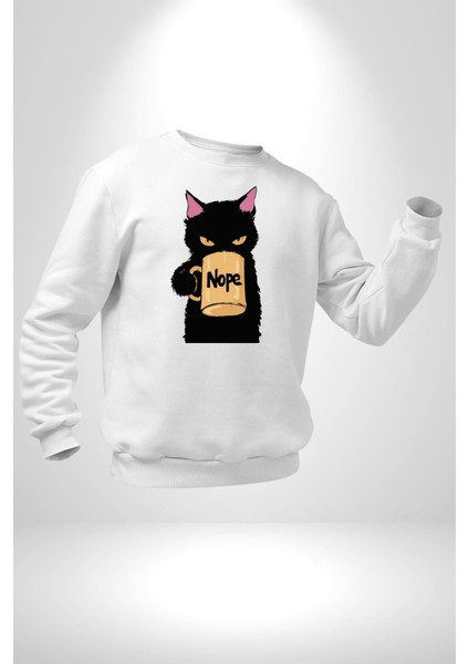 Nope Kedi Mizahi Kahve Tasarımı Erkek Kadın Unisex Dijital Baskılı Beyaz Sweatshirt fırsatları