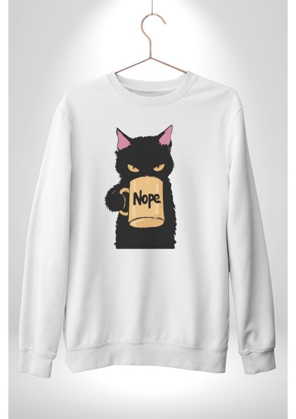 Nope Kedi Mizahi Kahve Tasarımı Erkek Kadın Unisex Dijital Baskılı Beyaz Sweatshirt indirimleri