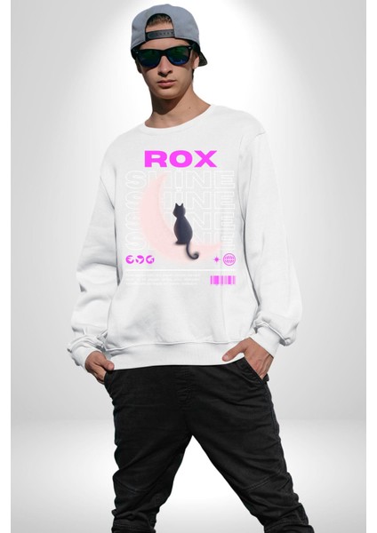 Siyah Kedi Ay Rox Sokak Style Erkek Kadın Unisex Dijital Baskılı Beyaz Sweatshirt