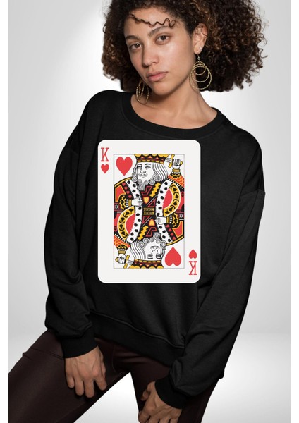 King Of Hearts Klasik Iskambil Kartı Grafiği Erkek Kadın Unisex Dijital Baskılı Siyah Sweatshirt