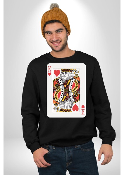 King Of Hearts Klasik Iskambil Kartı Grafiği Erkek Kadın Unisex Dijital Baskılı Siyah Sweatshirt