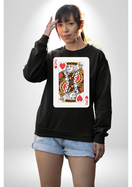 King Of Hearts Klasik Iskambil Kartı Grafiği Erkek Kadın Unisex Dijital Baskılı Siyah Sweatshirt