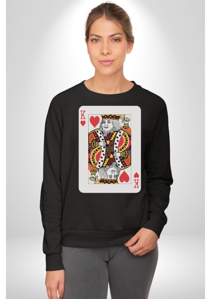 King Of Hearts Klasik Iskambil Kartı Grafiği Erkek Kadın Unisex Dijital Baskılı Siyah Sweatshirt