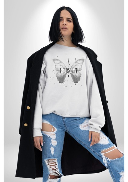 Kelebekler Gibi Cesur Ol Erkek Kadın Unisex Dijital Baskılı Beyaz Sweatshirt
