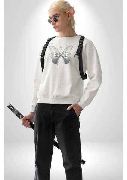 Kelebekler Gibi Cesur Ol Erkek Kadın Unisex Dijital Baskılı Beyaz Sweatshirt