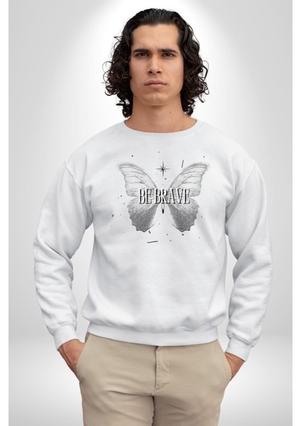 Kelebekler Gibi Cesur Ol Erkek Kadın Unisex Dijital Baskılı Beyaz Sweatshirt