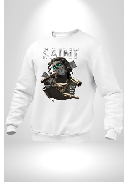 Aziz Sokak Sitili Özel Sözler Erkek Kadın Unisex Dijital Baskılı Beyaz Sweatshirt