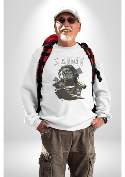 Aziz Sokak Sitili Özel Sözler Erkek Kadın Unisex Dijital Baskılı Beyaz Sweatshirt