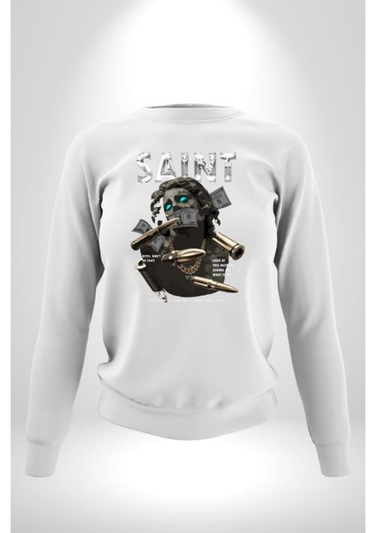 Aziz Sokak Sitili Özel Sözler Erkek Kadın Unisex Dijital Baskılı Beyaz Sweatshirt