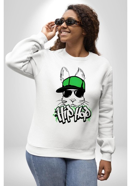 Paskalya Tavşanı Hip Hop Yeşil Şapka Erkek Kadın Unisex Dijital Baskılı Beyaz Sweatshirt