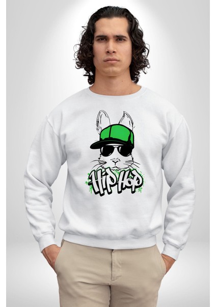 Paskalya Tavşanı Hip Hop Yeşil Şapka Erkek Kadın Unisex Dijital Baskılı Beyaz Sweatshirt