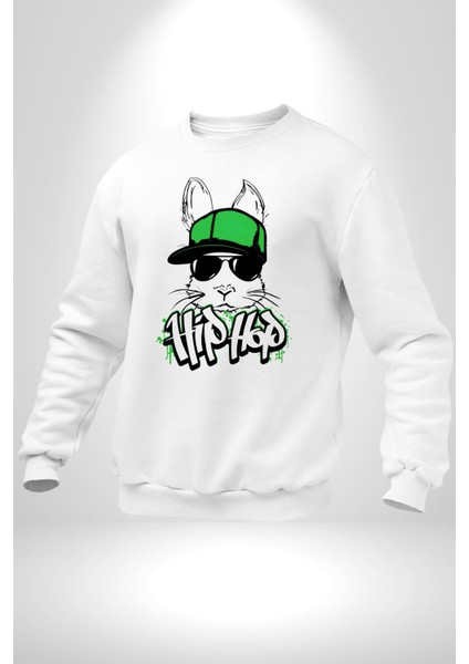 Paskalya Tavşanı Hip Hop Yeşil Şapka Erkek Kadın Unisex Dijital Baskılı Beyaz Sweatshirt