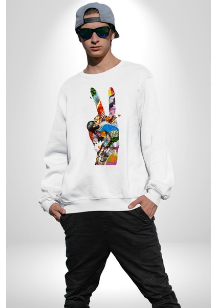 Dünya Barışı Özgürlük Zafer Işareti Erkek Kadın Unisex Dijital Baskılı Beyaz Sweatshirt