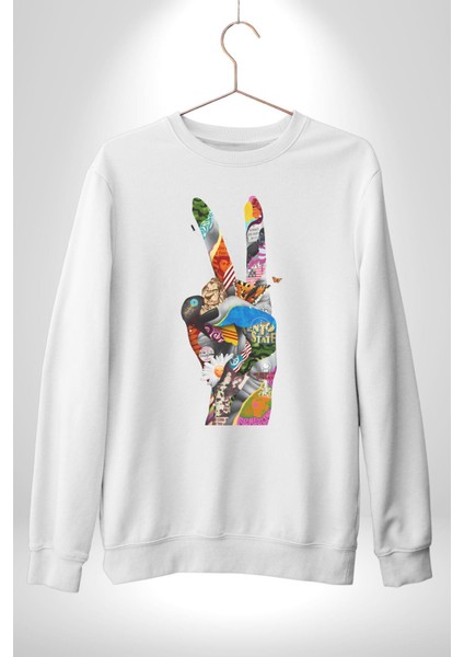 Dünya Barışı Özgürlük Zafer Işareti Erkek Kadın Unisex Dijital Baskılı Beyaz Sweatshirt