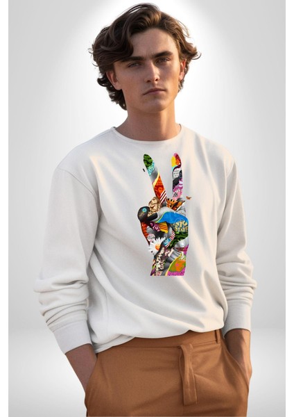 Dünya Barışı Özgürlük Zafer Işareti Erkek Kadın Unisex Dijital Baskılı Beyaz Sweatshirt