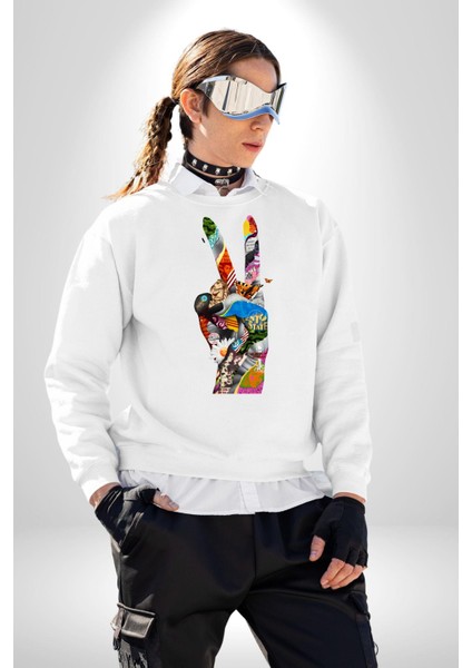 Dünya Barışı Özgürlük Zafer Işareti Erkek Kadın Unisex Dijital Baskılı Beyaz Sweatshirt