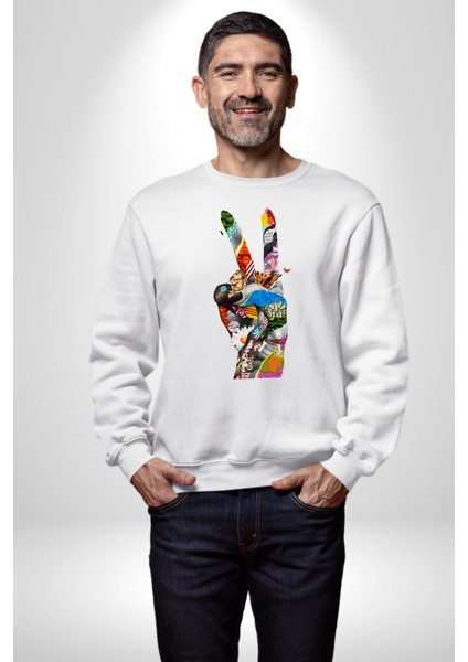 Dünya Barışı Özgürlük Zafer Işareti Erkek Kadın Unisex Dijital Baskılı Beyaz Sweatshirt