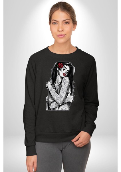 Tattooed Rose Lady Gothic Dövme Sanatı Temalı Erkek Kadın Unisex Dijital Baskılı Siyah Sweatshirt
