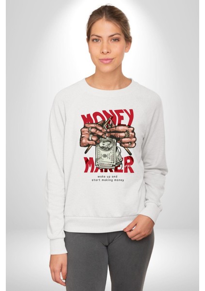 Uyan ve Para Kazanmaya Başla Sokak Style Erkek Kadın Unisex Dijital Baskılı Beyaz Sweatshirt
