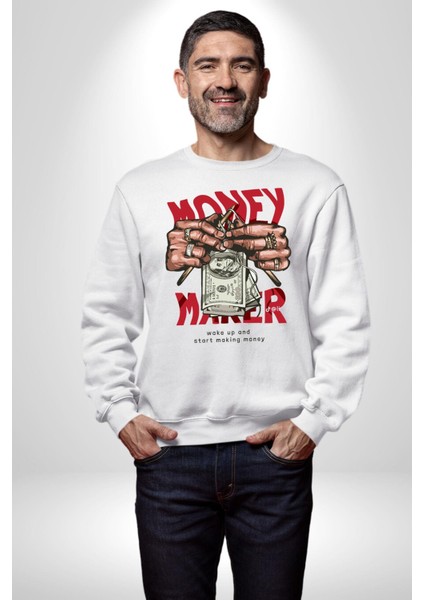 Uyan ve Para Kazanmaya Başla Sokak Style Erkek Kadın Unisex Dijital Baskılı Beyaz Sweatshirt