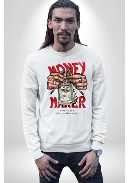 Uyan ve Para Kazanmaya Başla Sokak Style Erkek Kadın Unisex Dijital Baskılı Beyaz Sweatshirt