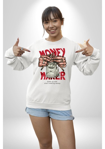 Uyan ve Para Kazanmaya Başla Sokak Style Erkek Kadın Unisex Dijital Baskılı Beyaz Sweatshirt