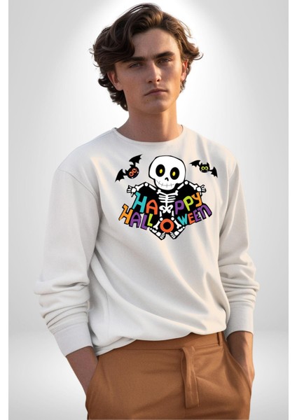 Halloween Skeleton Eğlenceli Cadılar Bayramı Erkek Kadın Unisex Dijital Baskılı Beyaz Sweatshirt