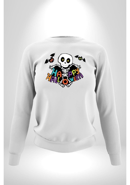 Halloween Skeleton Eğlenceli Cadılar Bayramı Erkek Kadın Unisex Dijital Baskılı Beyaz Sweatshirt