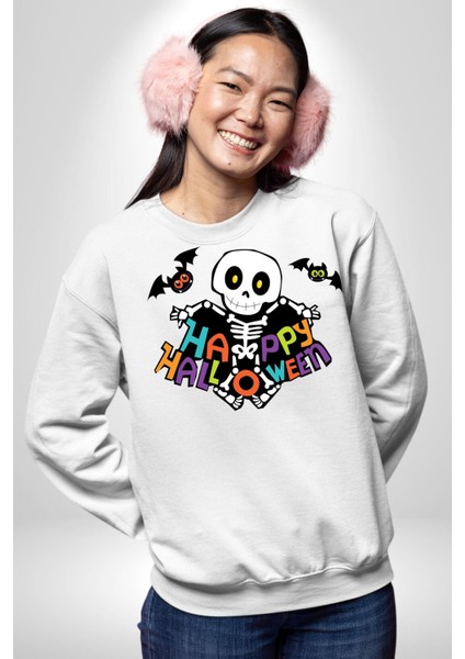 Halloween Skeleton Eğlenceli Cadılar Bayramı Erkek Kadın Unisex Dijital Baskılı Beyaz Sweatshirt
