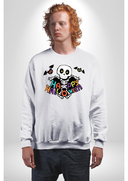 Halloween Skeleton Eğlenceli Cadılar Bayramı Erkek Kadın Unisex Dijital Baskılı Beyaz Sweatshirt
