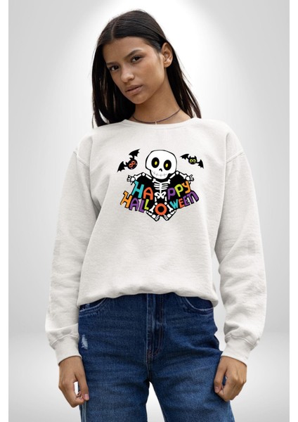 Halloween Skeleton Eğlenceli Cadılar Bayramı Erkek Kadın Unisex Dijital Baskılı Beyaz Sweatshirt