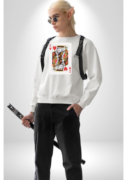 King Of Hearts Klasik Iskambil Kartı Grafiği Erkek Kadın Unisex Dijital Baskılı Beyaz Sweatshirt