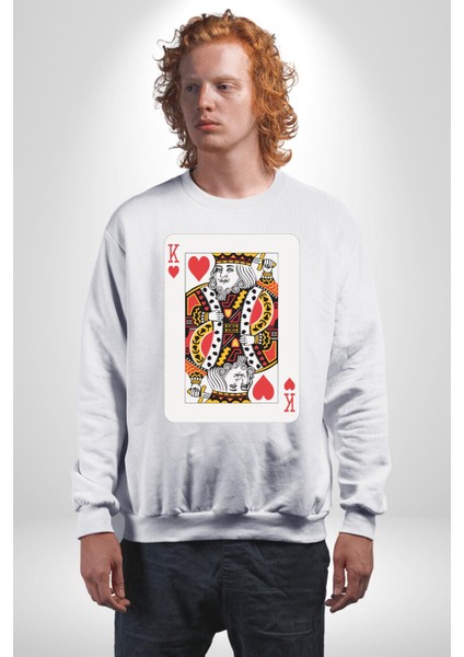 King Of Hearts Klasik Iskambil Kartı Grafiği Erkek Kadın Unisex Dijital Baskılı Beyaz Sweatshirt